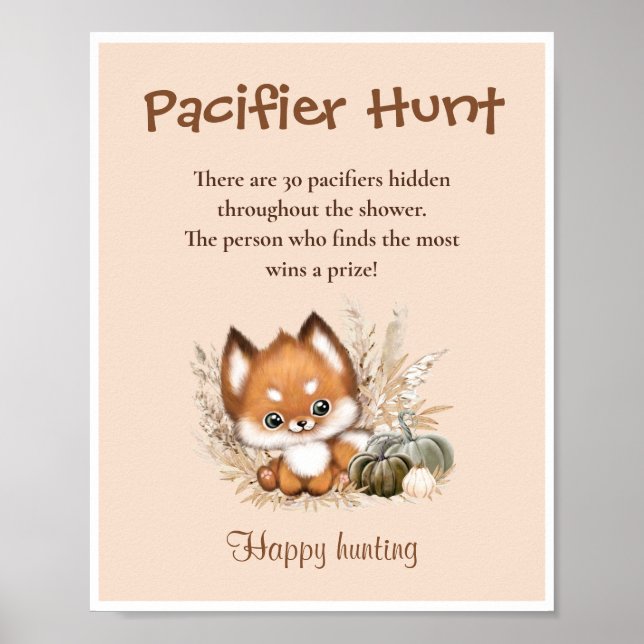 Pacifier Hunt Fall Baby Shower Cute Fox Game Sign (Front)