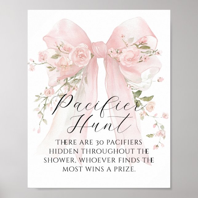 Pacifier Hunt Floral Bow Girl Baby Shower Game Poster (Front)
