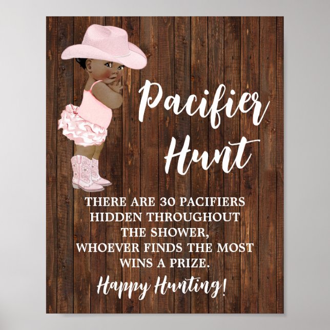 Pacifier Hunt Game AA Cowgirl Baby Shower Sign (Front)