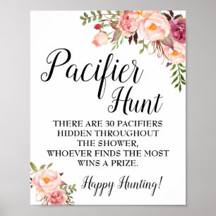 Pacifier hunt game Baby shower pink flowers sign