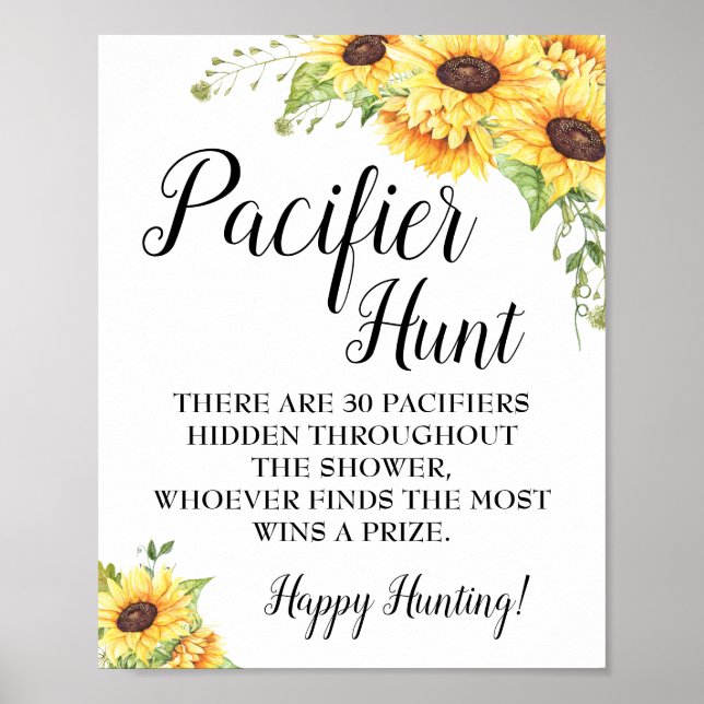 Pacifier hunt game Baby shower sunflowers sign (Front)
