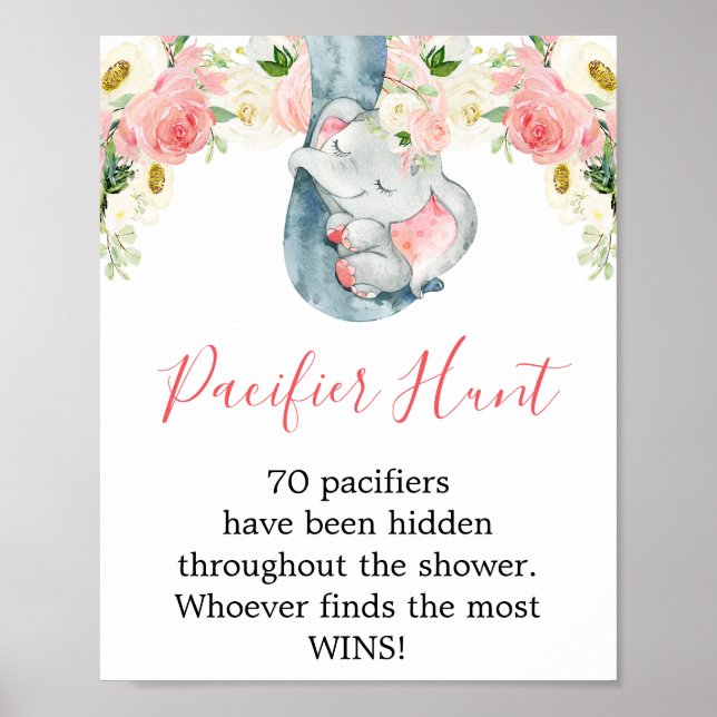 Pacifier hunt game girl baby shower elephant sign (Front)