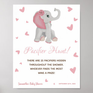 Pacifier Hunt Game Pink Elephant Baby Shower Sign