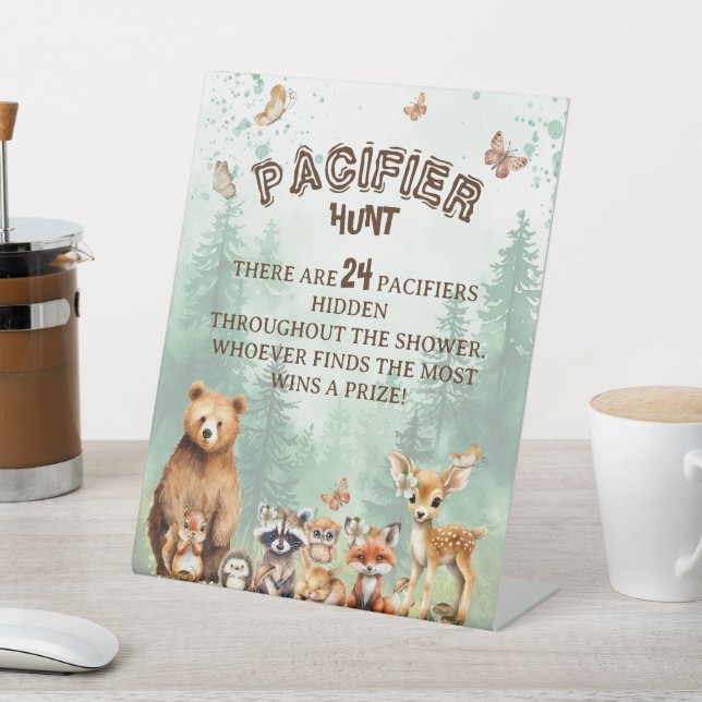 Pacifier Hunt Woodland animals baby shower game  Pedestal Sign (In SItu)