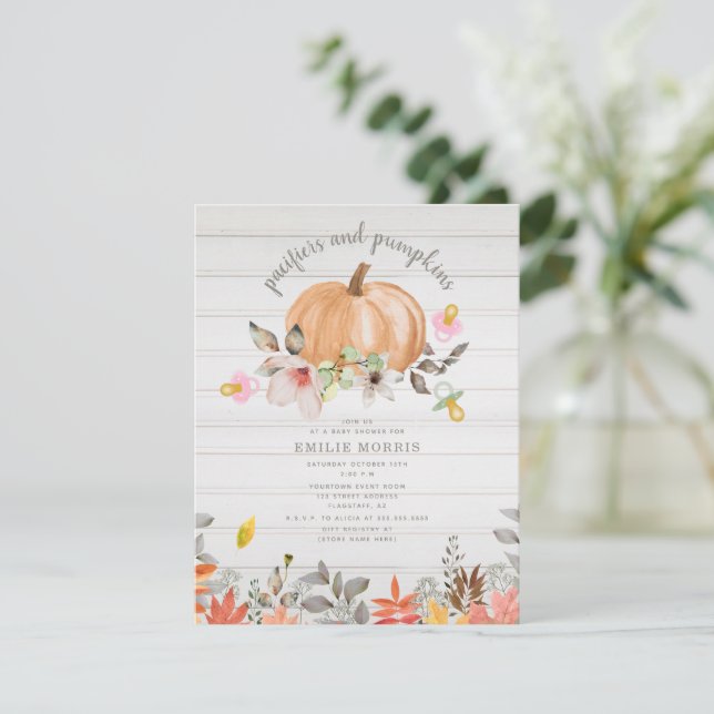 Pacifiers + Pumpkins Fall White Wood Girl Invitation (Standing Front)