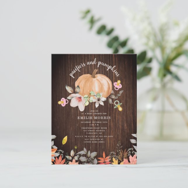 Pacifiers + Pumpkins Fall Wood Girl Baby Shower Invitation (Standing Front)