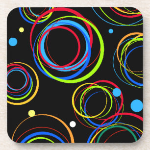 Pack 6 black graphic coloured circles coasters