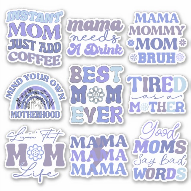 Pack of Funny Blue Retro Mum Quotes Vinyl Sticker (Front)
