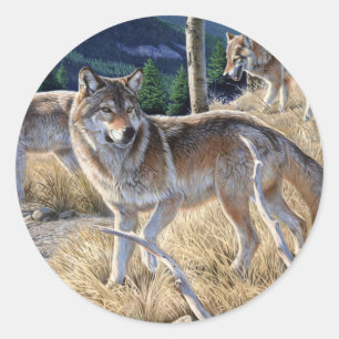 Pack of wolves in the forest painting classic round sticker
