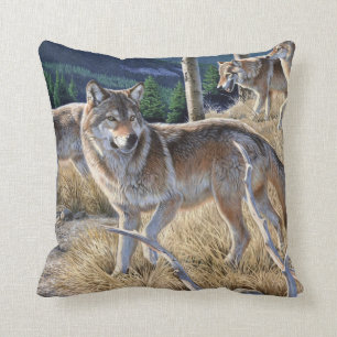 Pack of wolves in the forest painting cushion