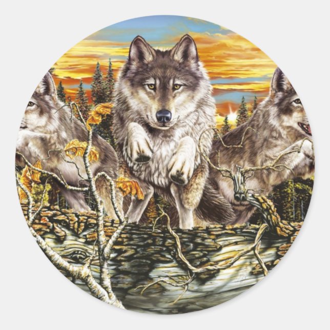 Pack of wolves jumping over a log classic round sticker (Front)