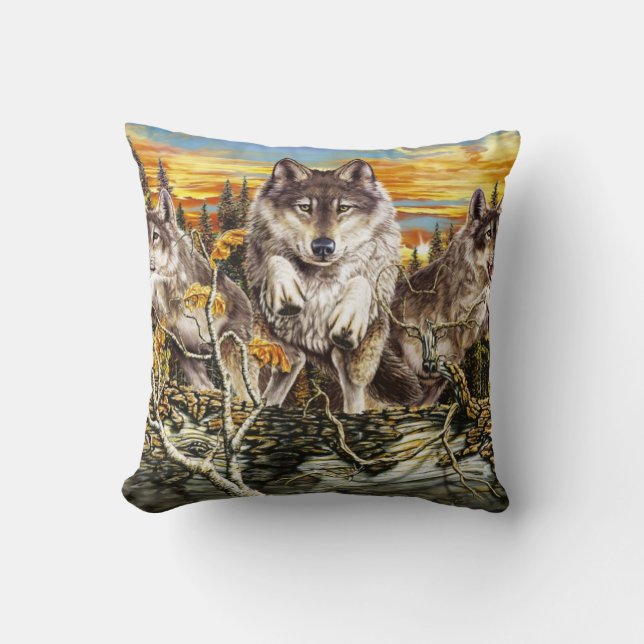 Pack of wolves jumping over a log cushion (Front)