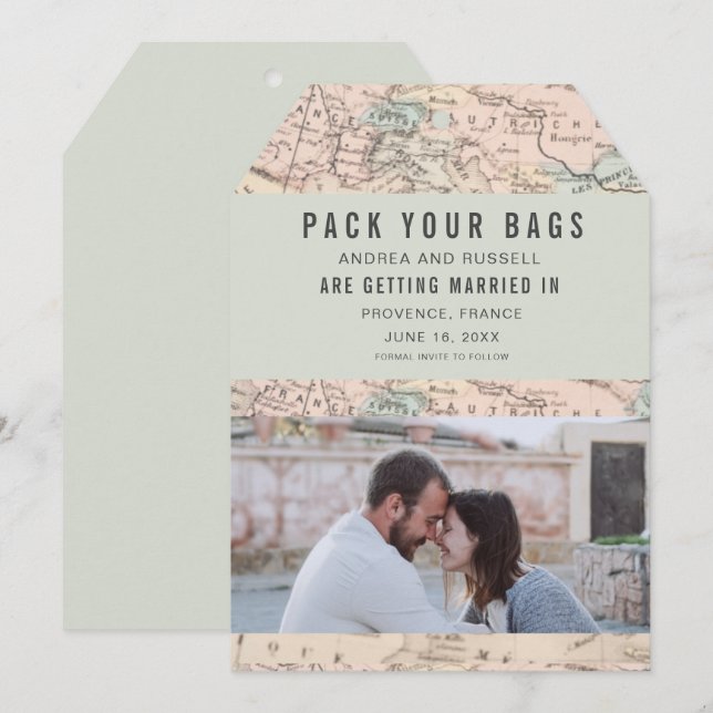Pack Your Bags Europe Map Destination Wedding Save The Date (Front/Back)