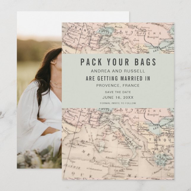 Pack Your Bags Europe Map Destination Wedding Save The Date (Front/Back)