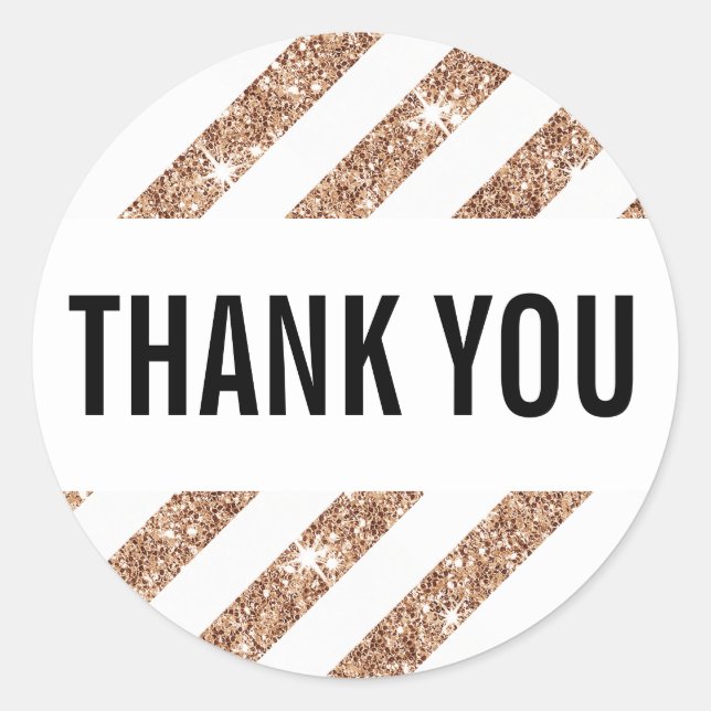PACKAGING THANK YOU rose gold glitter stripe black Classic Round Sticker (Front)