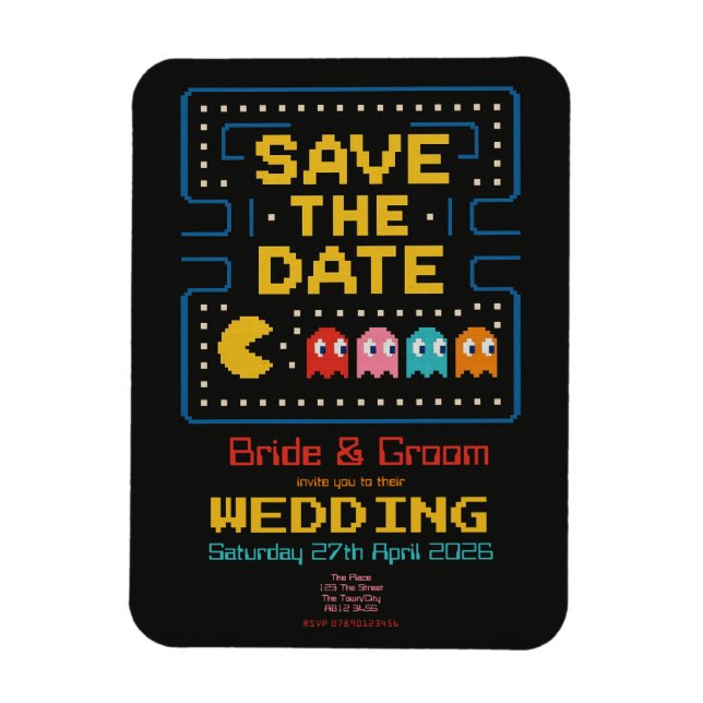 pacman retro personalized gaming 'save the date' magnet (Vertical)