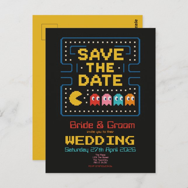 pacman retro personalized gaming 'save the date' postcard (Front/Back)