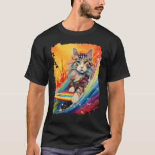 Paddle Board Pop Art Maine Coon Surfing Cat T-Shirt