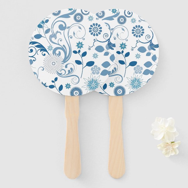 Paddle Fan-Blue Floral Hand Fan (Front and Back)