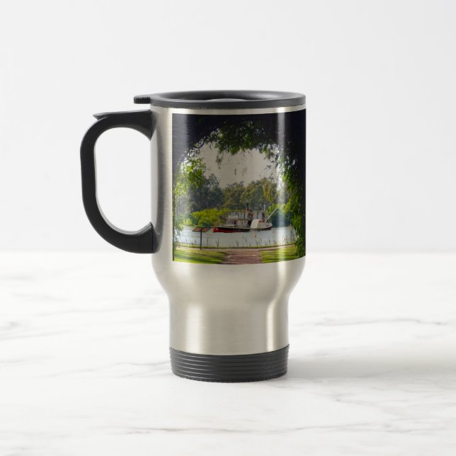 Paddle Steamer Cruising Down The River, Travel Mug (Left)