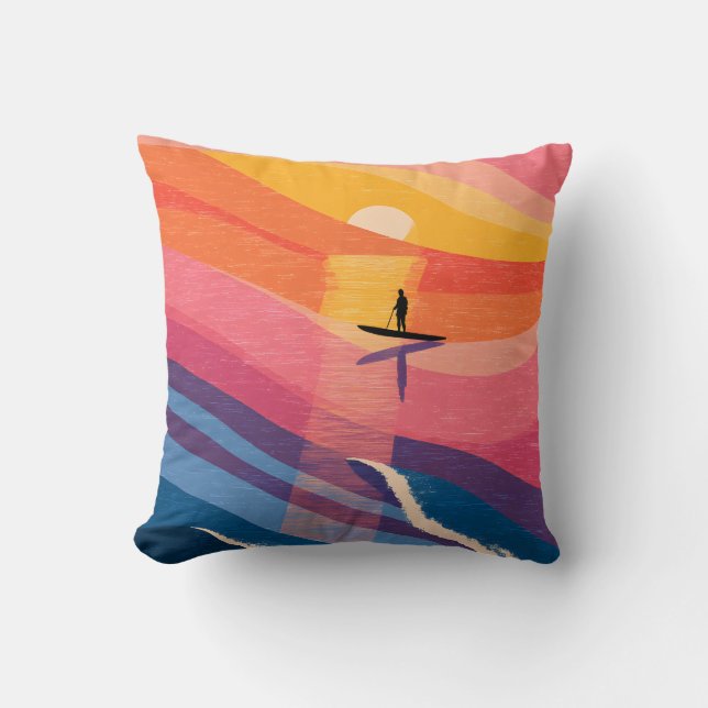 Paddleboard Sunset Ocean Waves Abstract Pillow  (Front)