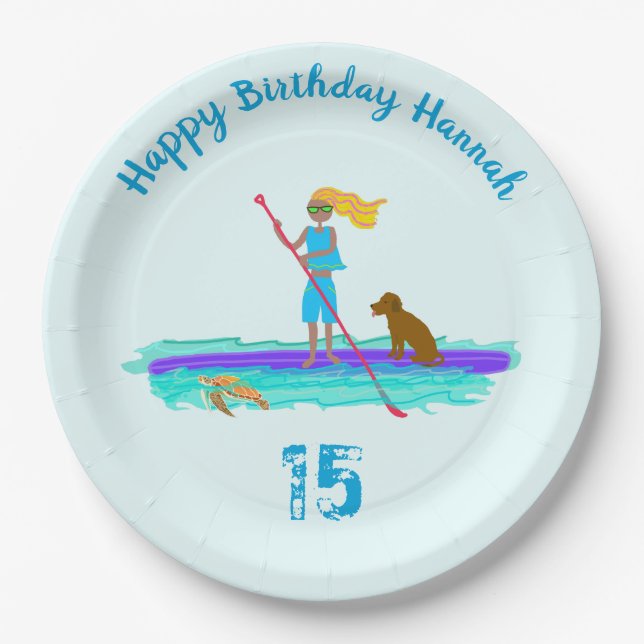 Paddleboarding Girl Birthday Party Paper Plate (Front)