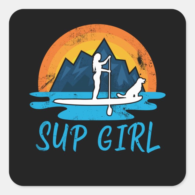 Paddleboarding Sup Girl Dog Retro Gift Square Sticker (Front)