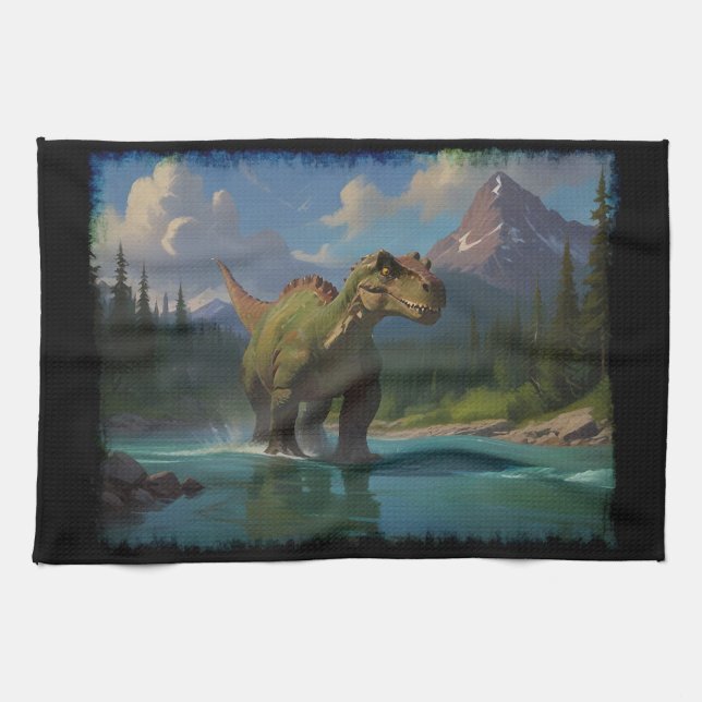 Paddling Brontosaurus & River Fun  Tea Towel (Horizontal)