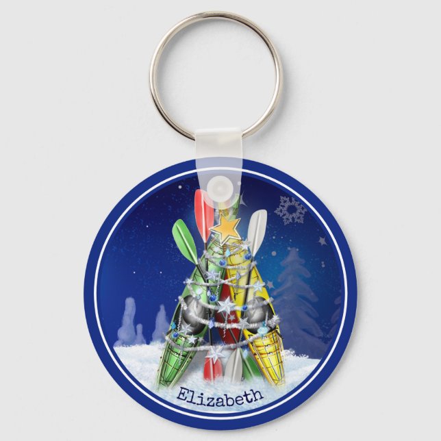 paddling winter Kayak Christmas Tree personalized Key Ring (Front)