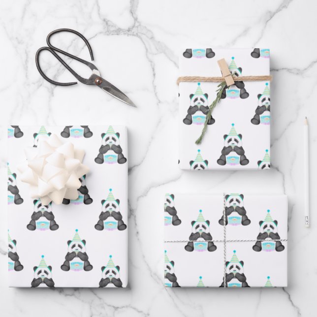 Paddy Party Panda With Cake Pattern Wrapping Paper Sheet (Front)