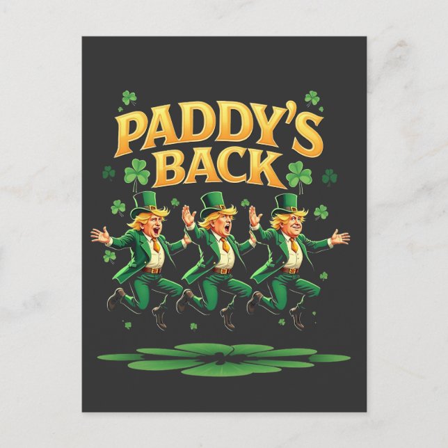 Paddy's Back Funny Trump St Patrick Day Leopard  Announcement Postcard (Front)