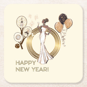 PADEL COASTER: NEW YEAR’S PADEL DIVA CREAM & GOLD SQUARE PAPER COASTER