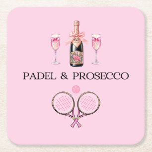 PADEL COASTER: PADEL & PROSECCO CLASSIC PINK/BLACK SQUARE PAPER COASTER