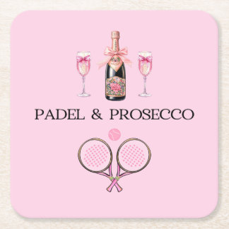 PADEL COASTER: PADEL & PROSECCO CLASSIC PINK/BLACK SQUARE PAPER COASTER
