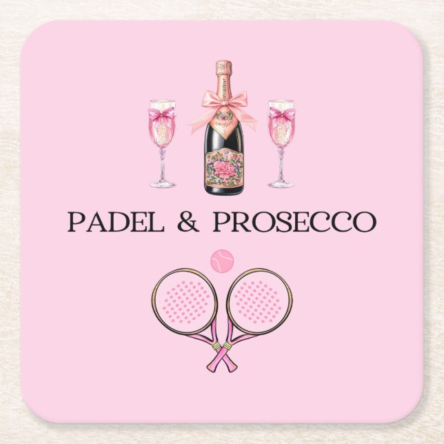 PADEL COASTER: PADEL & PROSECCO CLASSIC PINK/BLACK SQUARE PAPER COASTER (Front)