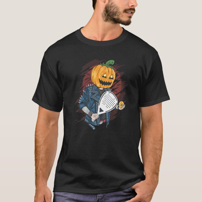 Padel Halloween Pumpkin Holding A Paddle Tennis Ra T-Shirt (Front)