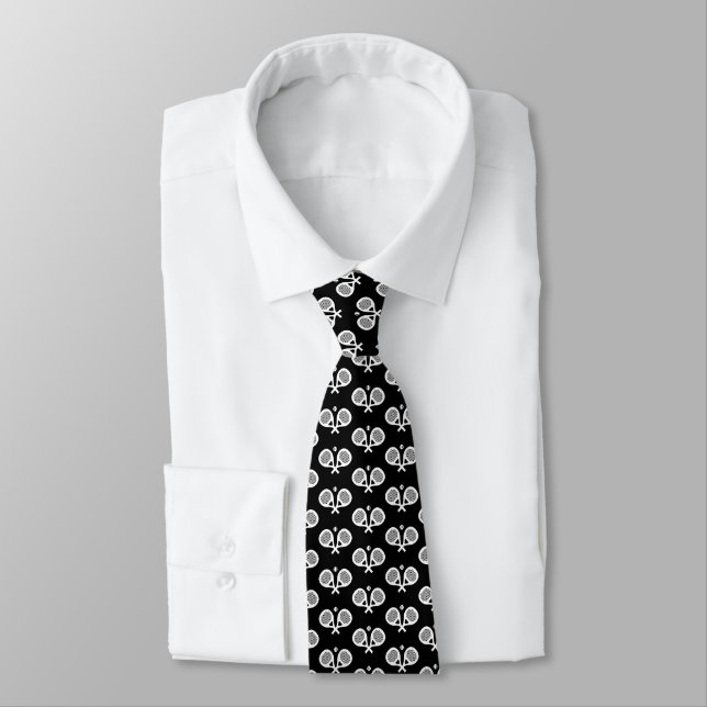 Padel racket pattern black and white neck tie (Tied)