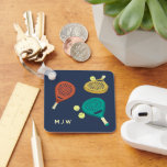 Padel Tennis Rackets and Balls Monogram Key Ring<br><div class="desc">Create a personalised gift for your favourite padel player. This keychain features illustrations of padel rackets and balls in shades of terra cotta,  gold and teal against a navy blue background. It's ready to be personalised with monogram initials in cream.</div>
