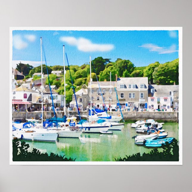 Padstow harbour in Cornwall UK, watercolour. Poster (Front)