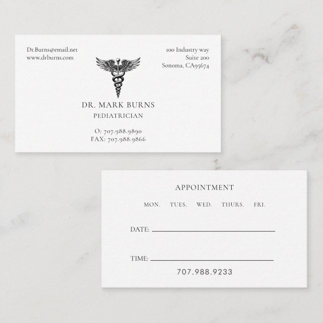 Paediatrician Doctor Caduceus Appointment And Business Card (Front/Back)