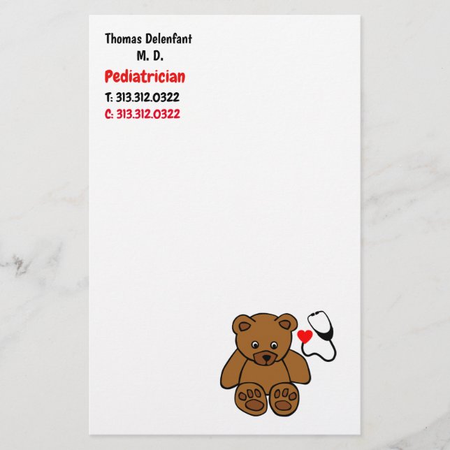 Paediatrician - teddy  and heart stethoscope stationery (Front)