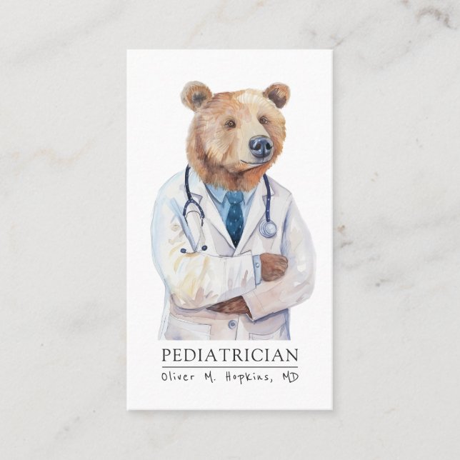 Paediatrician Watercolor Doctor Bear Medical Business Card (Front)