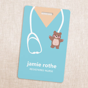 Paediatrics Nurse Blue Teddy Bear Scrubs ID Badge