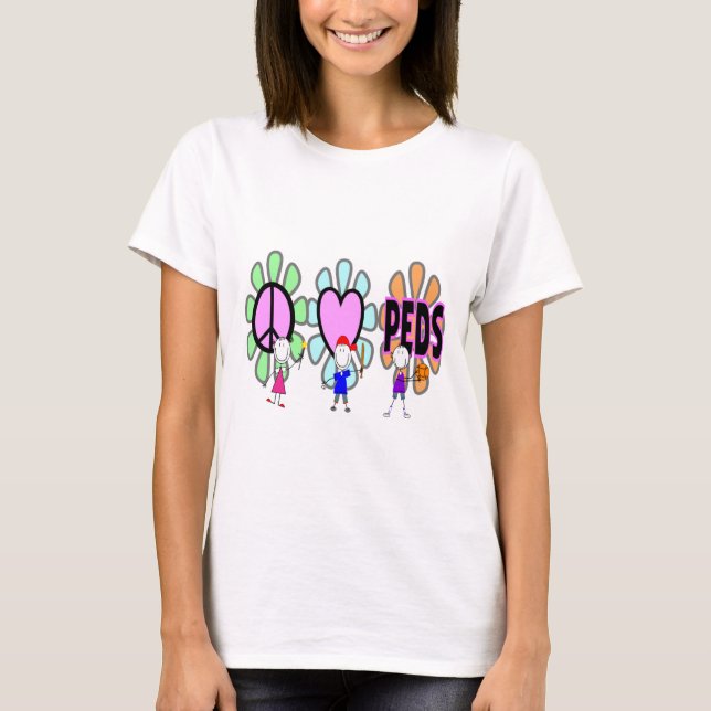 Paediatrics Nurse "Peace-Love-Paediatrics" Gifts T-Shirt (Front)