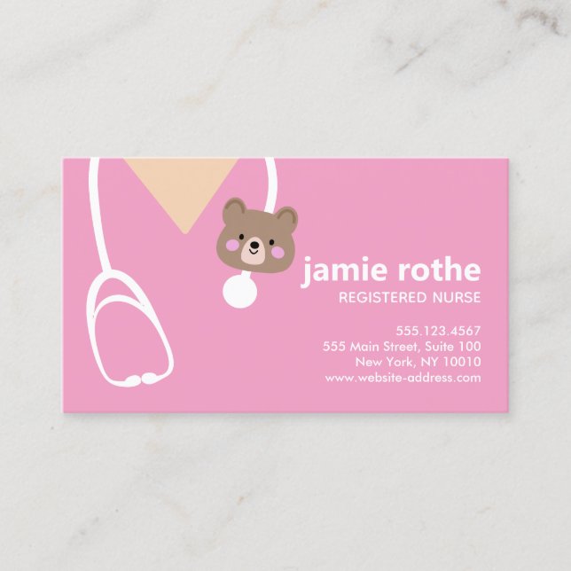 Paediatrics Nurse Pink Scrubs Teddybear  Business Card (Front)
