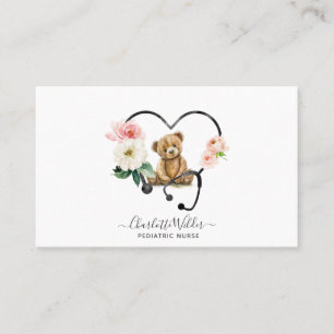 Paediatrics Nurse Teddy Bear Floral Stethoscope Business Card