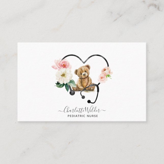 Paediatrics Nurse Teddy Bear Floral Stethoscope Business Card (Front)