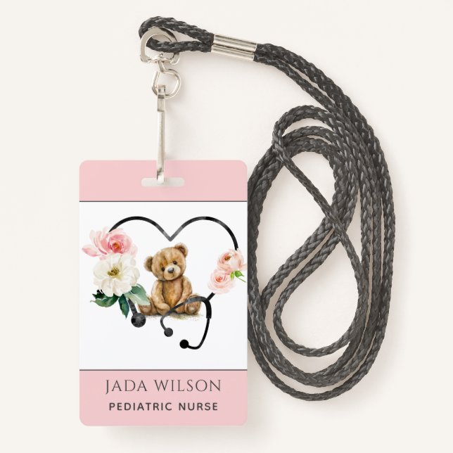 Paediatrics Nurse Teddy Bear Floral Stethoscope ID Badge (Front with Lanyard)