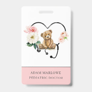 Paediatrics Nurse Teddy Bear Floral Stethoscope ID Badge