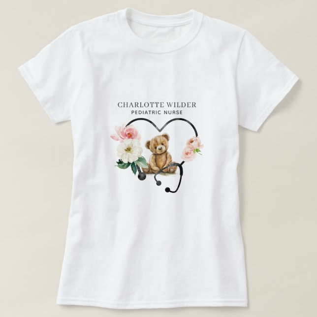 Paediatrics Nurse Teddy Bear Floral Stethoscope T-Shirt (Design Front)